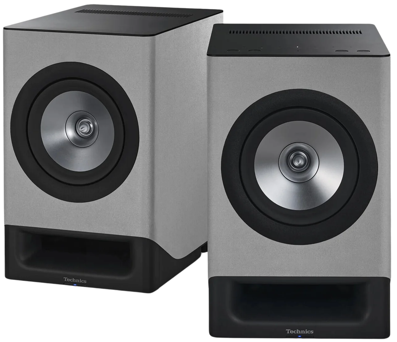 Technics SC-CX700 active bookshelf speakers with sleek black finish, showcasing their compact design and speaker grille.