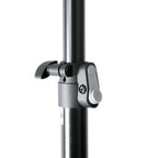 K&M 21436 PA speaker stand with adjustable height and sturdy tripod base, designed for professional audio setups.