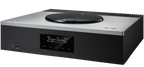 Technics SA-C600 stereo amplifier with control knobs, display screen, and input ports on a sleek black finish.