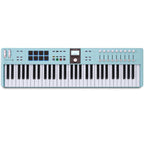 Arturia KeyLab Essential 61 MK3 MIDI keyboard with black keys, control knobs, and MIDI connection ports.