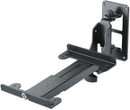K&M 24166 speaker wall mount for studio monitor stands, black metal bracket with adjustable arms and mounting hardware.