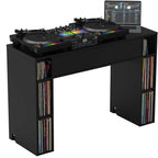 Glorious Modular Mix Station DJ table with sleek black surface and sturdy metal frame, designed for professional music production.