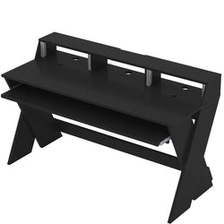 Glorious Sound Desk Pro studio furniture with a sleek wooden surface and adjustable metal legs for music production setup.