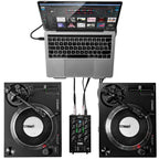 Reloop PTB-2 DJ mixer with multiple knobs, faders, and input ports, designed for professional DJ mixing and audio control.