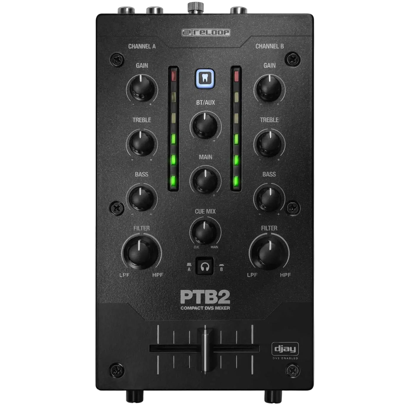 Reloop PTB-2 DJ mixer with multiple knobs, sliders, and input/output ports, designed for professional DJ mixing.