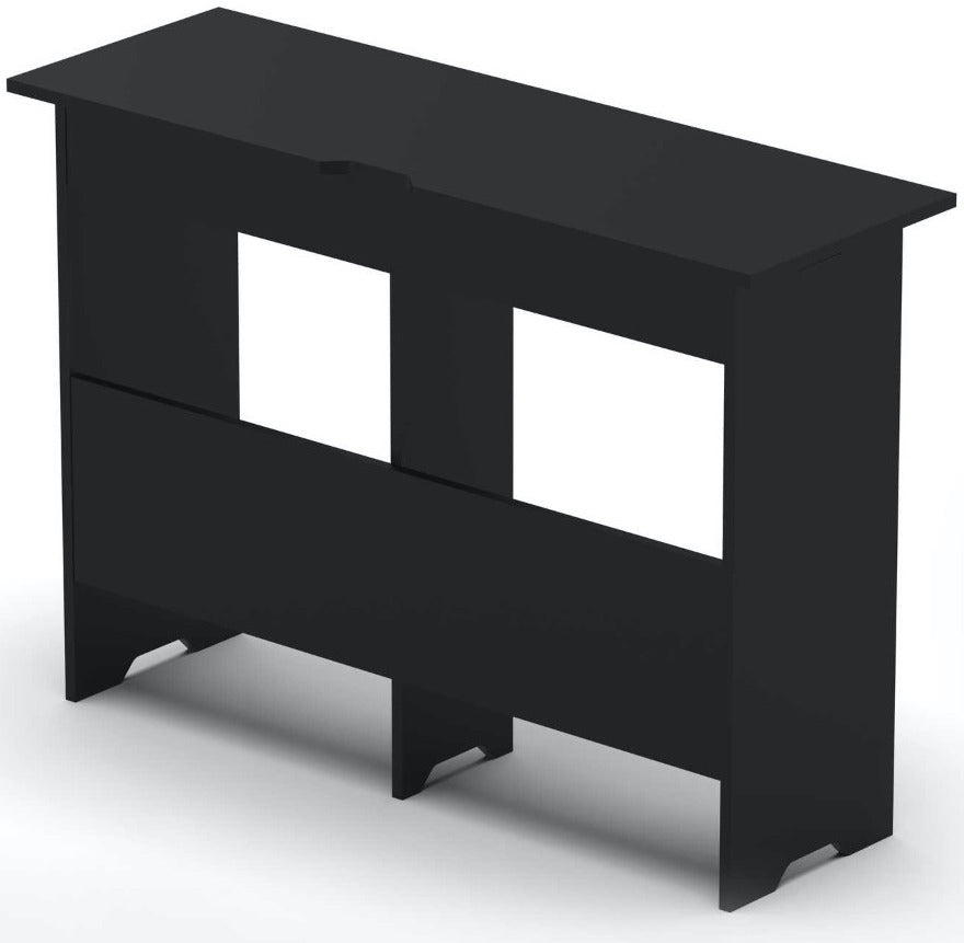 Glorious Mix Station 2 DJ table with sleek black design and workspace for audio equipment and accessories.