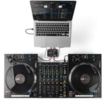 Reloop Flux Go USB audio interface with multiple input and output ports, compact design, and professional audio controls.