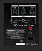 Presonus Eris Pro 4 active nearfield monitor speakers shown from the back with control knobs and connection ports.