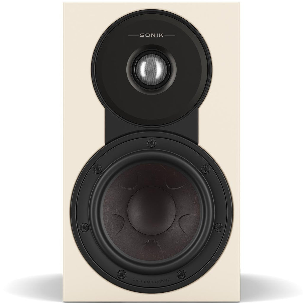 DALI Sonik 1 passive bookshelf speakers showing black woodgrain finish and compact design for home audio systems.