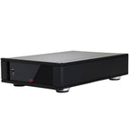 Rega AOS MC phono preamp with sleek black design and control knobs, used to improve turntable audio signal quality.