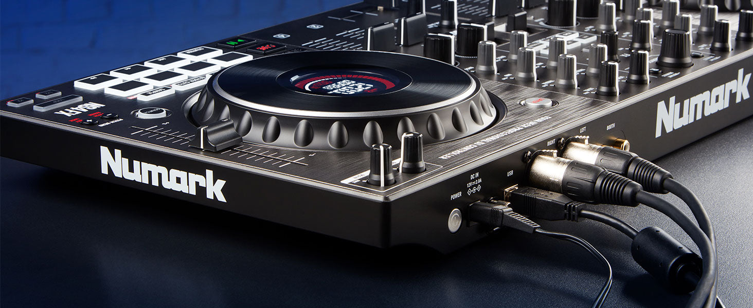 Numark NS4FX DJ controller with sliders, knobs, and pads for professional mixing and DJ performances.