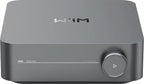 WiiM AMP music streamer device with sleek black design, compact form, and various ports for high-quality audio streaming.