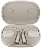 Beyerdynamic Verio 200 wireless in-ear headphones with black earbuds and inline remote, resting on a white surface.
