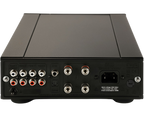 Rega Brio MK7 phono preamp with sleek black design and input/output connections for high-quality vinyl sound.