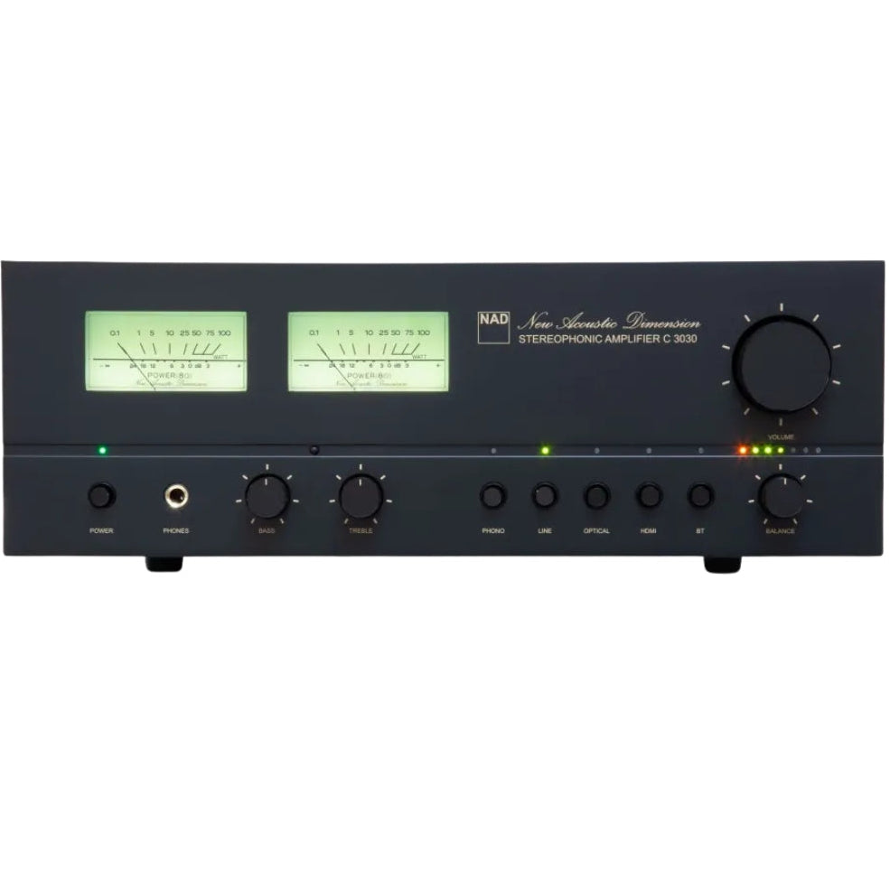 NAD C 3030 stereo amplifier with silver faceplate and control knobs, showcasing a sleek and modern audio equipment design.