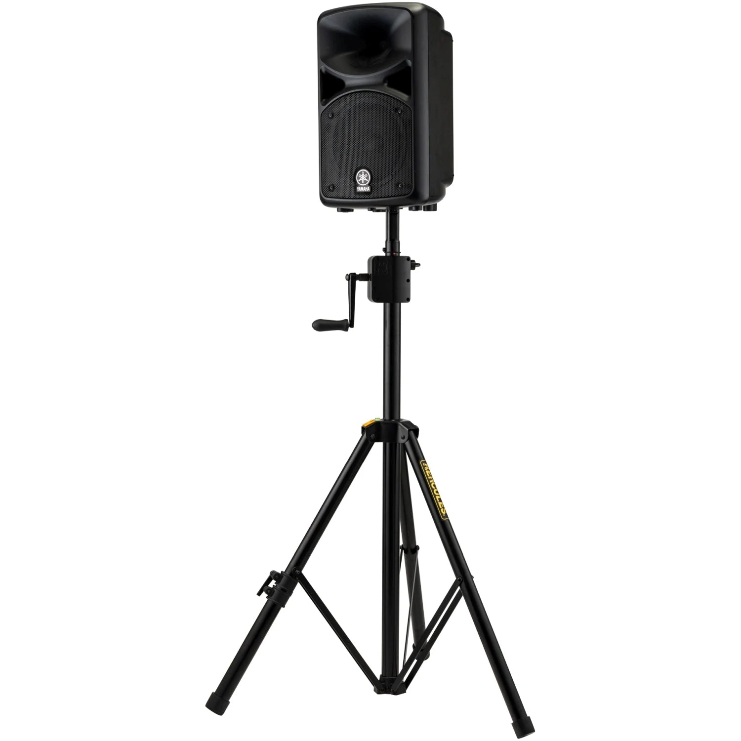 Hercules Stands SS710B speaker stands with adjustable height and steel construction for supporting audio speakers.