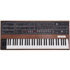 Sequential Prophet-5 synthesizer top view showing control panel with knobs and switches for classic analog sound.