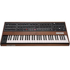 Sequential Prophet-5 synthesizer front view showing its keyboard, control knobs, and vintage design features.