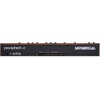 Sequential Prophet-5 synthesizer back panel showing control knobs, input/output jacks, and brand logo on a vintage-style instrument.