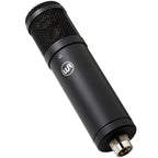 Black Warm Audio WA-47jr SE condenser microphone shown from an angled side view. Compact professional audio recording equipment.