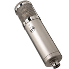 Warm Audio WA-47jr SE condenser microphone in nickel finish, shown at an angle highlighting the compact design and build quality.