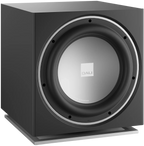 DALI Sub E-12 F subwoofer with sleek black enclosure and driver, designed for powerful bass in home audio systems.