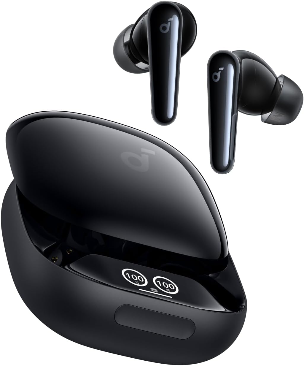Wireless in-ear headphones by Soundcore Liberty 4 Pro with black earbuds and sleek charging case.