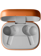 Wireless in-ear headphones from Bang & Olufsen Beoplay Eleven with sleek black design, compact earbuds, and charging case.