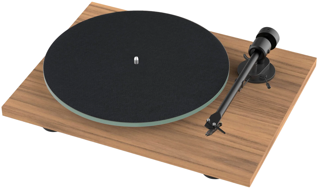 Pro-Ject T1 EVO turntable with sleek wooden plinth and tonearm, showcasing its modern design and high-quality audio components.