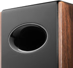Edifier S2000MKIII desktop speakers with sleek black design and dual drivers, resting on a wooden surface.