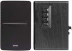 Edifier R1280DBS desktop speakers with wood finish and control knobs on the front, designed for high-quality audio.