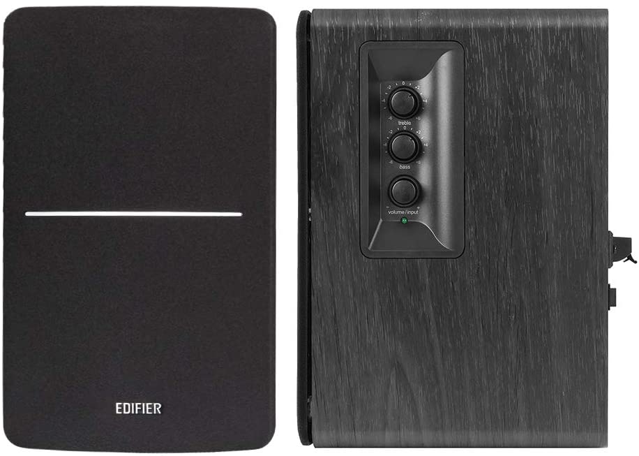 Edifier R1280DBS desktop speakers with wood finish and control knobs on the front, designed for high-quality audio.