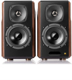 Edifier S2000MKIII desktop speakers with black wood finish and dual drivers, designed for high-quality audio listening.