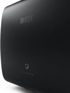 KEF KC62 subwoofer with sleek black enclosure and compact design, ideal for enhanced bass in home audio systems.
