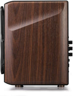 Edifier S2000MKIII desktop speakers with black wood finish and control knobs on the front panel.