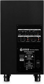 Adam Audio Sub10 MK2 subwoofer showing a black compact design with control knobs and ports on the back panel.