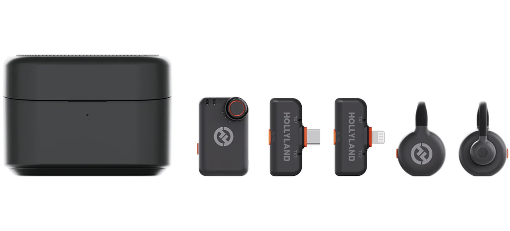 Hollyland Lark M2S Ultimate Combo wireless microphone system with camera, USB-C, and Lightning receivers and transmitters.