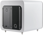 Q Acoustics Q SUB80 subwoofer with a black enclosure and compact design, showcasing its front grille and control panel.