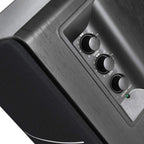 Edifier R1280DBS desktop speakers with wooden finish and control knobs on the front, connected to a computer setup.