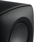 KEF KC62 subwoofer with sleek black cabinet and compact design, perfect for powerful low-frequency audio in home theater systems.