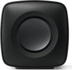 KEF KC62 compact subwoofer with sleek black design, featuring a front-firing driver and modern aesthetic for premium audio performance.