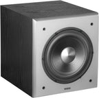 Edifier T5 powered subwoofer with sleek black design, featuring a circular speaker grille and adjustable control knob on the front.