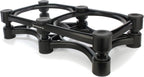 IsoAcoustics ISO-430 studio monitor stands supporting audio speakers on a desk, enhancing sound clarity and stability.