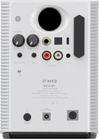 FiiO SP3 BT desktop speakers with compact design, black finish, and connectivity ports shown on a clean desk setup