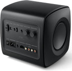 KEF KC62 compact subwoofer with sleek black enclosure and control panel, designed for high-quality bass in home audio systems.