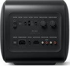KEF KC62 compact subwoofer with sleek black finish and control panel, designed for high-quality home audio systems.