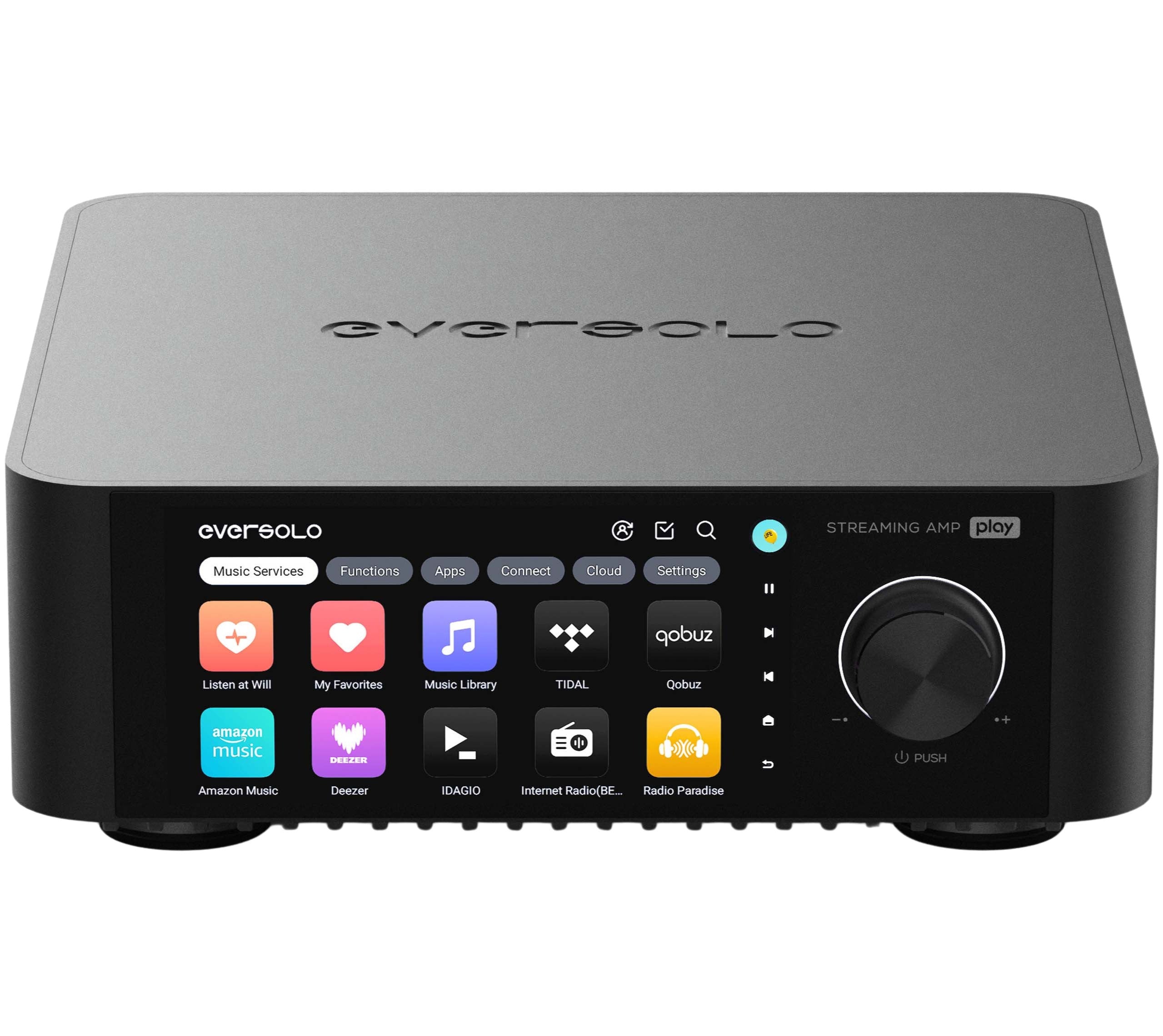 Eversolo Play music streamer device with sleek design, front display, and connectivity ports for high-quality audio streaming.