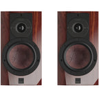 DALI Rubikore 2 passive bookshelf speakers with black cabinets and front speaker grilles, designed for home audio systems