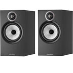 Bowers & Wilkins 606 S3 passive bookshelf speakers with black speaker grilles and wood finish, ideal for home audio systems.