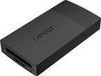 Lexar microSD and SD card reader with USB-A and USB-C connectors, compact and portable for easy data transfer.
